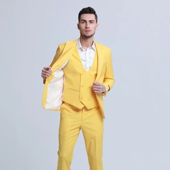 Men's Skinny-Fit 3-Piece Suit w/ Double-Breasted Vest, Yellow Canary